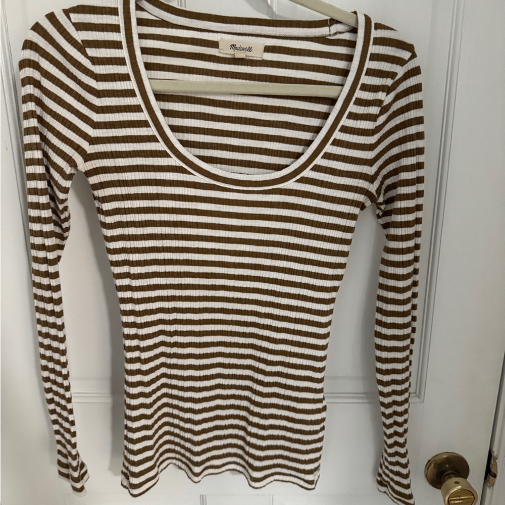 Madewell Brown and Cream Ribbed Fitted LS Top